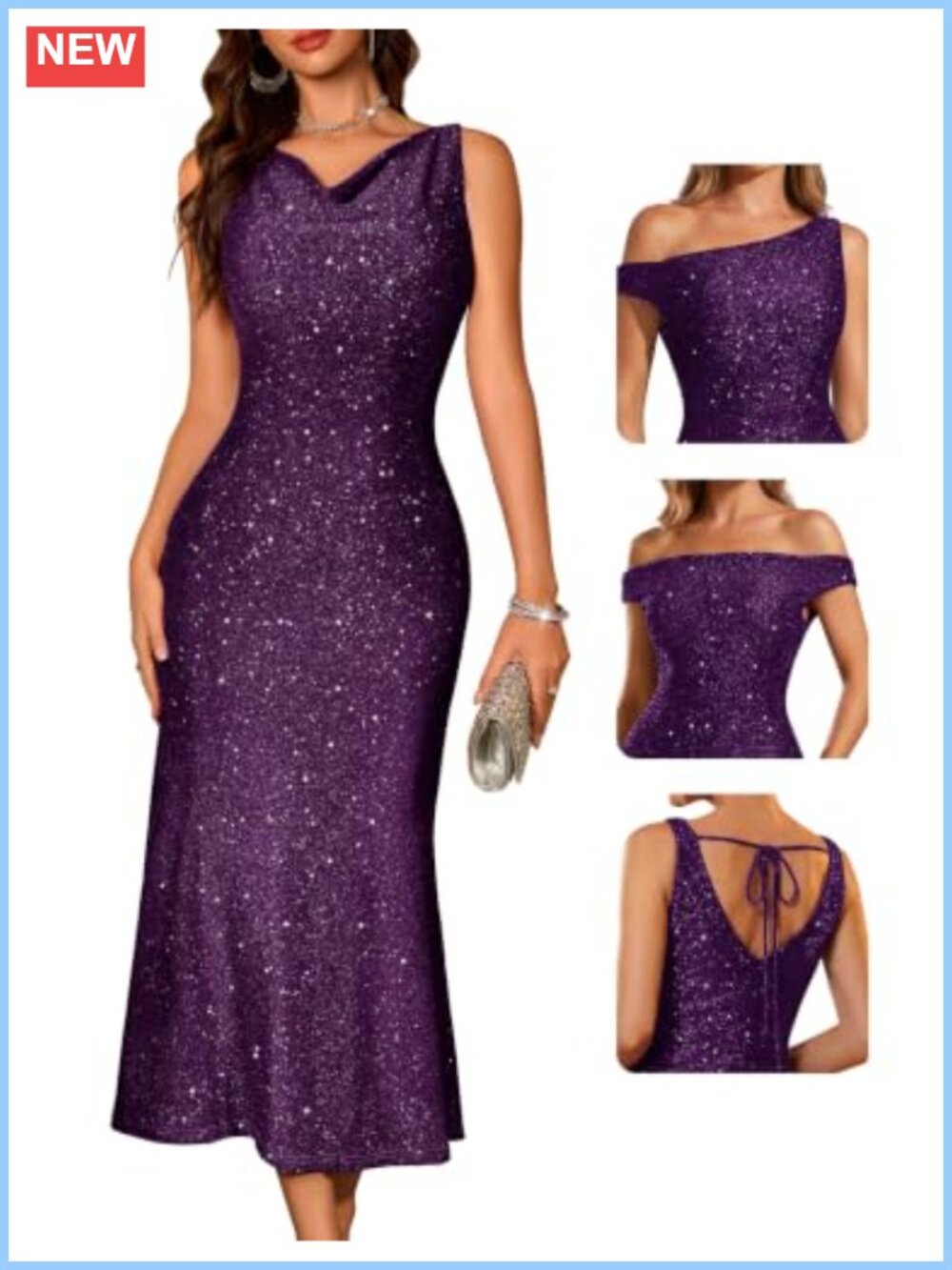 Sequin Bodycon Midi Dress Sleeveless Cowl Neck Formal Prom Party